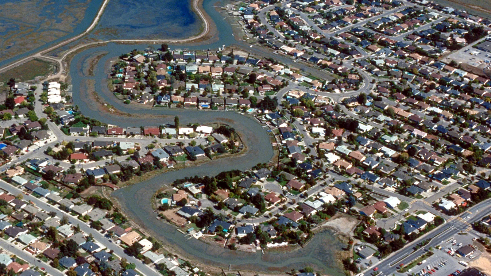 Aerial view of Corte Madera’s Meadowsweet area and San Clemente Creek, looking northeast